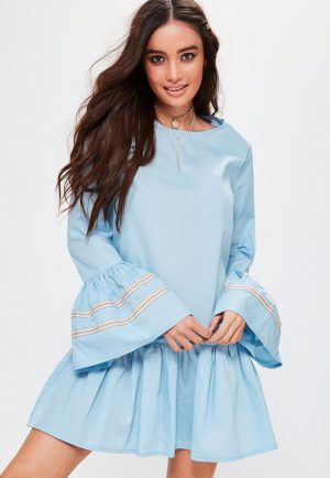 blue-ruffle-hem-oversized-trim-cuff-dress