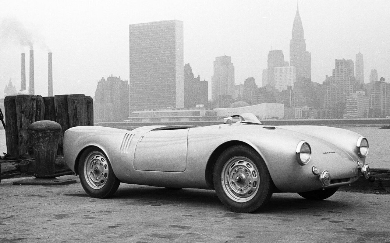 Porsche 550 Spyder in Queens, New York City, 1953 with Manhattan skyline behind
