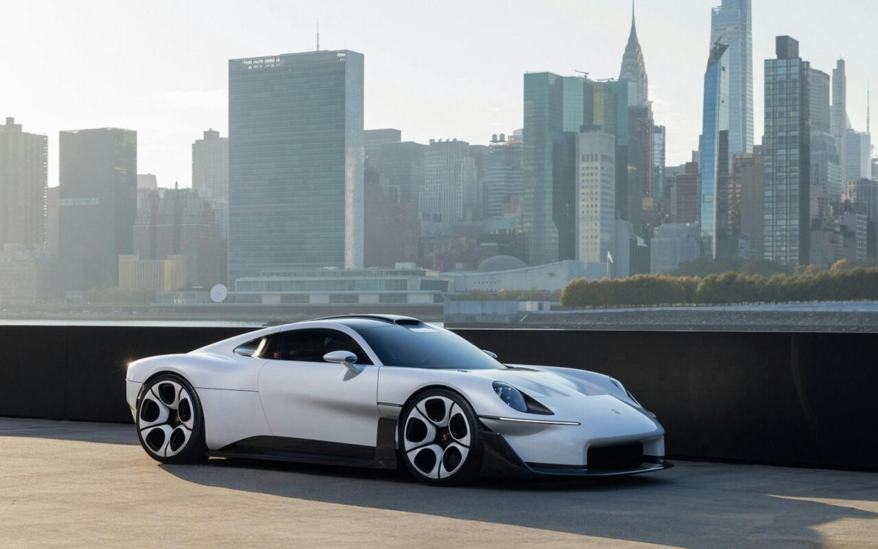 Porsche Mission S in Queens, New York City, 2026 with Manhattan skyline behind
